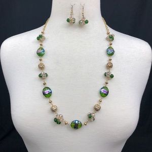Green Glass Beaded Gold Necklace Earrings Set